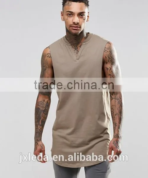 Men 100% Cotton Blank Super Long Line Notch Neck Sleeveless Tee Shirt Factory Suppliers in China