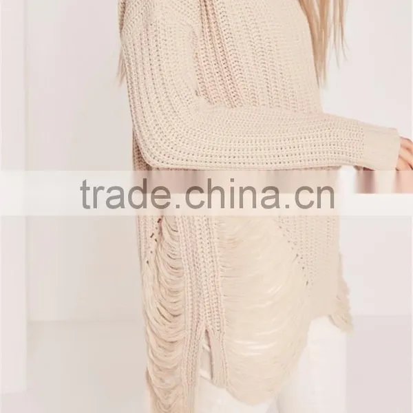 Custom Made Women Longline Oversized Knitwear Private Label Own Branding Sweater Distressed Off Shoulder Jumper Cream photo-5