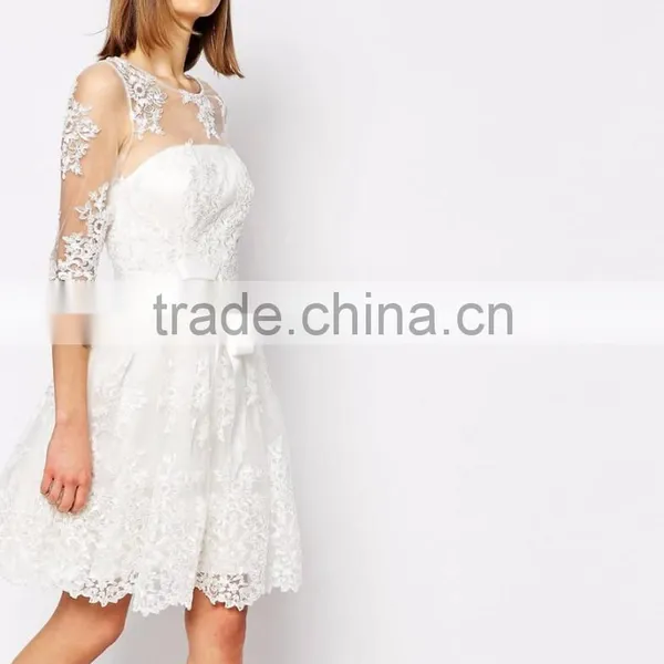 MGOO Design Long Sleeve Lace Mini Dress Bridal Grown With Floral Pattern Pure White Beach Wedding photo-4