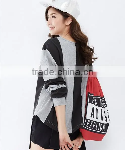Female Money Hemp Grey Chest Loose Version Printing Round Collar Fleece Wide Set of Head Vertical Bar photo-2