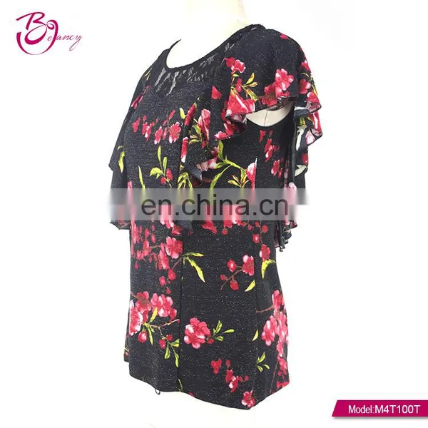 One Piece Two Color Floral Lurex Mesh Print Irregular Sleeve Casual Blouse for Middle Age Woman photo-3