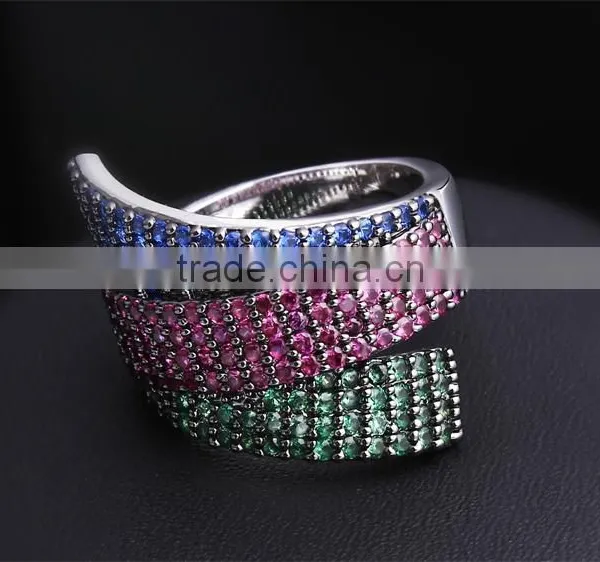 Unique 3 Strips Colorful Cubic Zirconia Siam Emerald Montana Cocktail Party Ring photo-5