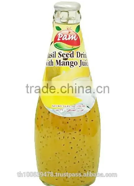 Basil Seed Drink With Mango Juice in Glass Bottle