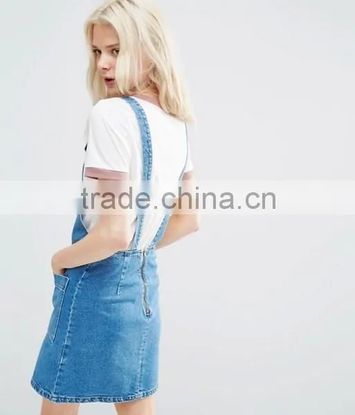 Mini Pinafore Dress Denim Fabric In Mid-Wash Blue photo-3