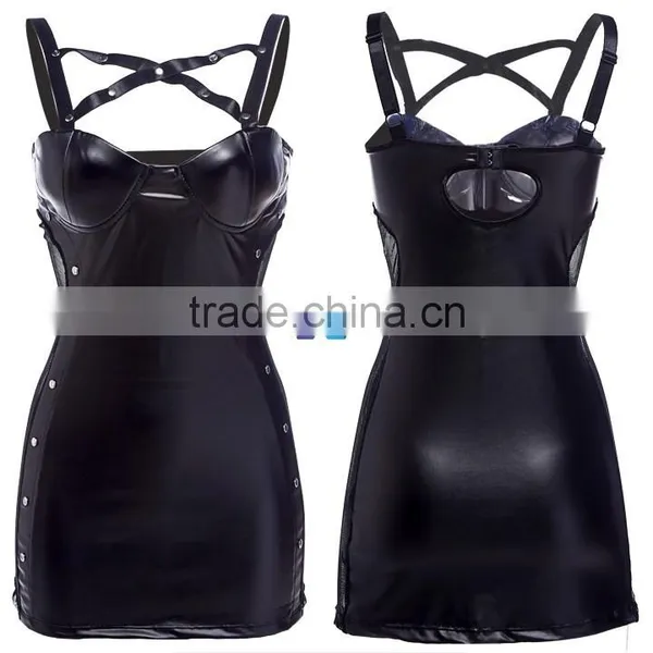 Sexy Womens Faux Leather Strap Hollow Backless Wrap Cross Backless Rivets Mini Top Dress + G-String