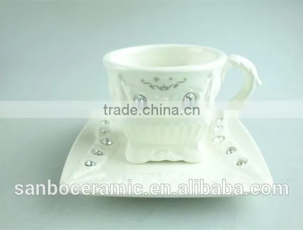 2015 Latest Design Square Shape Porcelain Cup and Saucer With Crystal,white Porcelain Cup and Saucer Set With Gold Decal photo-2