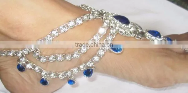 SILVER Blue Crystal Anklets Toe Ring Barefoot Sandal PAYAL Pair photo-3