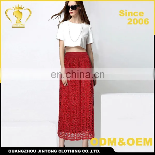 Wholesale Latest Design Lady Elegant Red Lace Maxi Skirt 2016