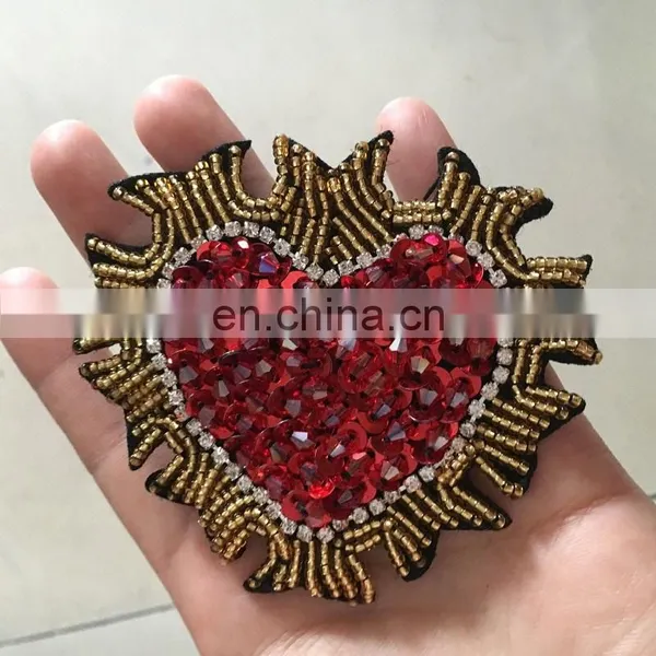2017 New Handmade Beaded Patch Sew On Fire Heart Rhinestones Patches photo-2