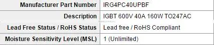 Electronics IRG4PC40UPBF IGBT Transistors 600V UltraFast 8-60kHz 40A 160W TO247AC photo-2