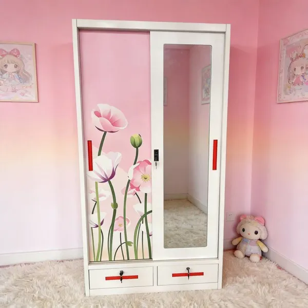 Knock‑down Flat‑pack UV Printing Steel Wardrobe 3‑Door 4‑Door Multi‑functional Steel Storage Cabinet With Mirror Drawers Custom Colors For Export photo-5