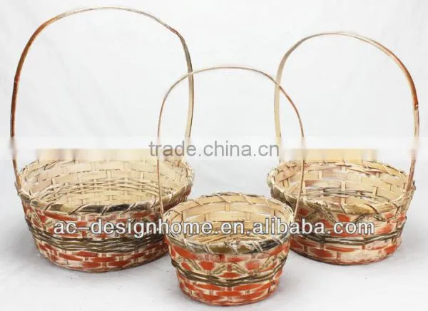 S/3 ORANGE WASH ROUND BAMBOO CHIP/SEAGRASS BASKET W/HANDLE
