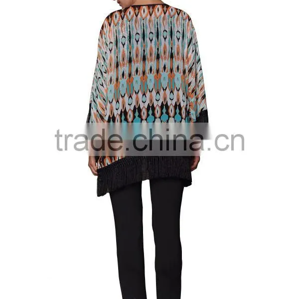 2015 New Satin Gowns Tassel Design Print Kimono Cardigan photo-3