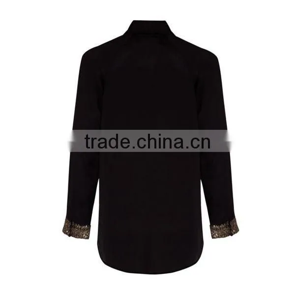 Tops Ladies Rayon Long Sleeve Black Sequin Cuff Shirt Blouse photo-3