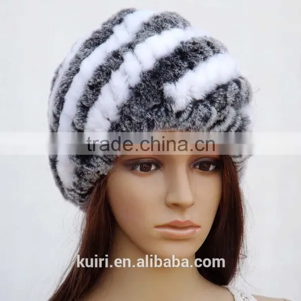 Rex Rabbit Fur Hats Fur Striped Knitted Cap for Women Genuine Rabbit Fur Hat Cap Winter Warms Hats photo-4
