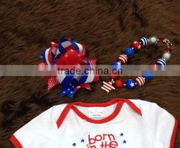 2015 Hot Sell Baby Girl July 4th Bowknot Romper With Matching Bow and Necklace photo-3