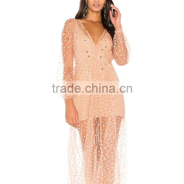 Raw Hem Embroidered Tulle Appliqued Gauze Backless Long Dress photo-5