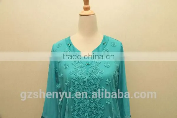2015 Turkish Fashion Beaded Half Sleeve V-neck Front Covered With Mesh