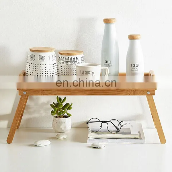 Custom Modern Handmade Wooden Tray For Bed Floating Bamboo Breakfast Food Serving Tray With Folding Legs photo-3