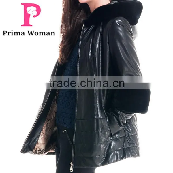 2016 New Design Winter Women Short Leather Coat With Rex Rabbit Hat Detachable Sleeveit Overcoat photo-5