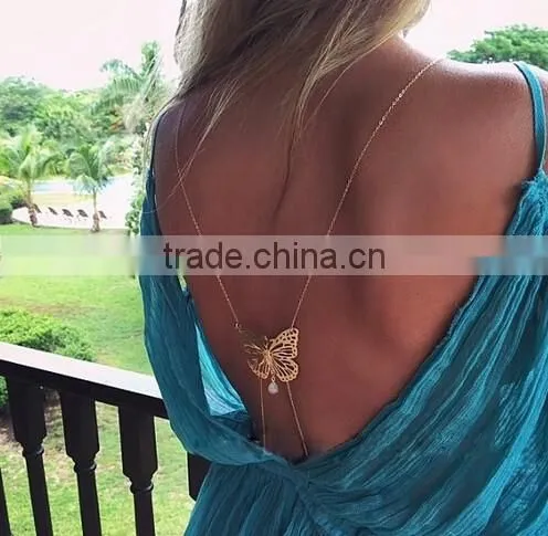 2016 Sexy Women Back Butterfly Pearl Water Drop Alloy Body Belly Chian photo-2