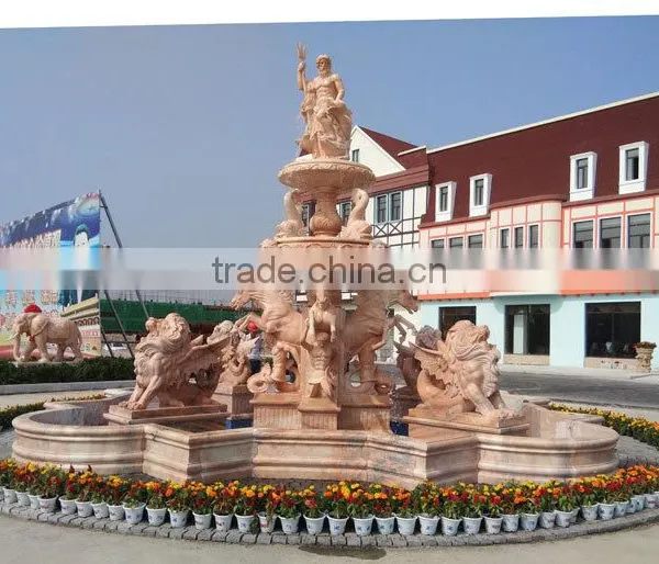 Large Pink Marble Water Fountain With Poseidon and Horses photo-2