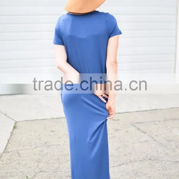 Floor Length Dress Pattern Short Sleeve Crisscross Neck Slit Design Maxi Dress One Piece Long Dress photo-6