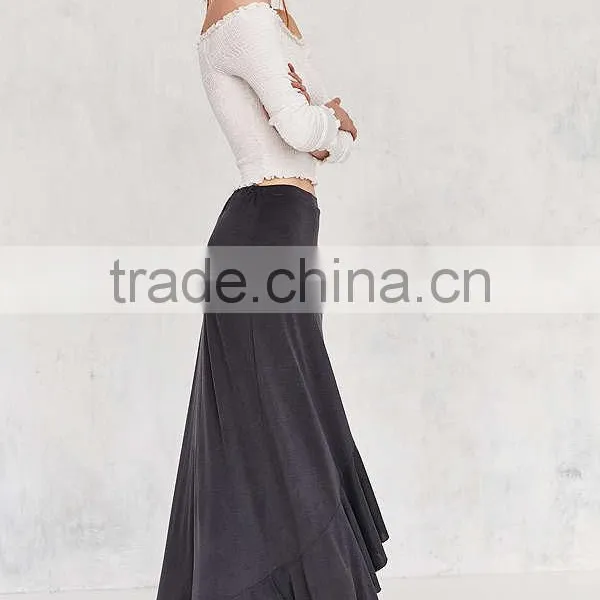Women Fashion Plain Dyed Spandex Cotton Fashion Summer Ruffle Wrap Long Jersey Maxi Skirt photo-6