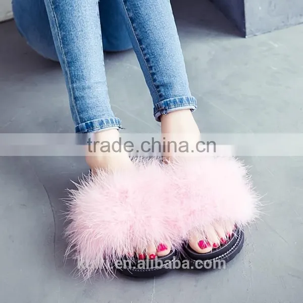 2017 Sweet Candy Color Summer Women Real Natural Feather Turkey Fur Fuzzy Slippers Slides Mules Women Open Shoes Fslipper-6 photo-2