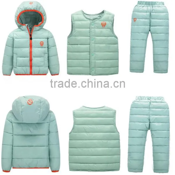 Custom Made New Design Casual Children Kids 3 Pcs Winter Clothing Sets(jacket+vest+pants) photo-5