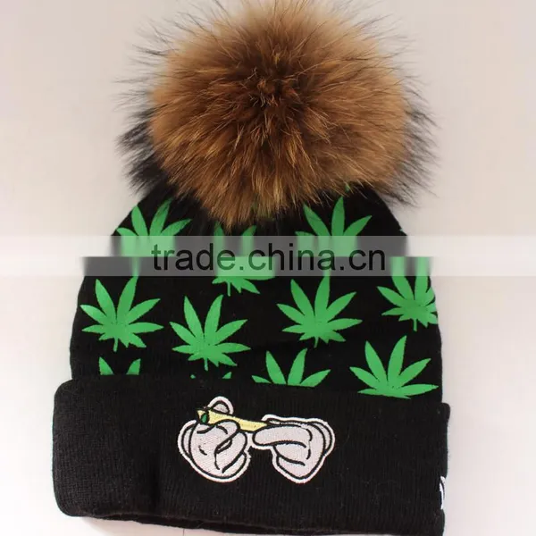 Myfur Adult Screen Green Leaf Printed Skull Hat With Real Fur Pom Pom photo-4
