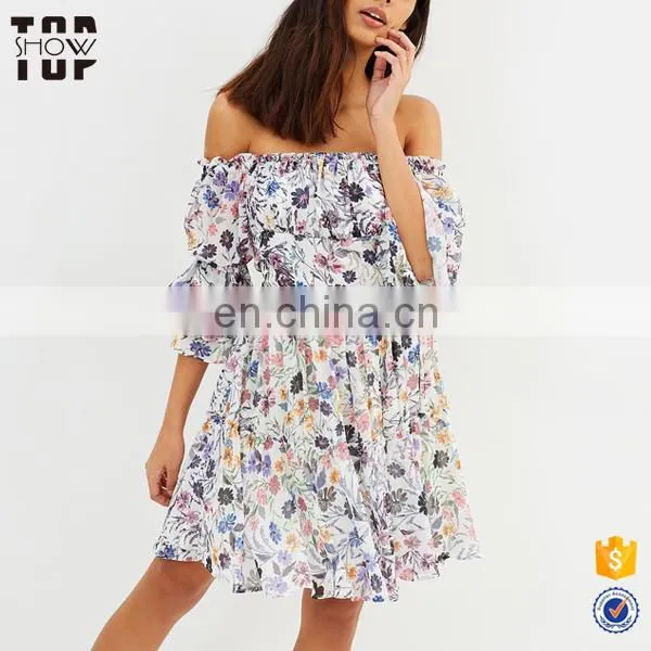 China Supplier Woman Clothes Knee Length off Shoulder Print Chiffon Dress