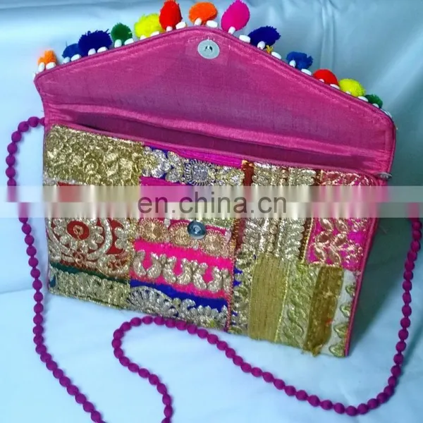 Hot Trendy Fancy Beautiful Pom Pom Zari Embroidered Stylish Banzara Gypsy Clutch Lady Clutch Bags Floral Designer Handbag Pouch photo-2