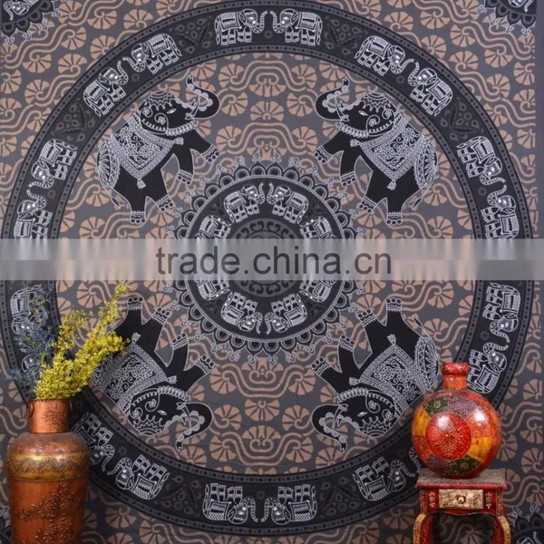 Indian Tapestry Cotton Brown-Gray Mandala Elephants Vintage Wall Hanging Art Tapestries Throw Bedsheet photo-2