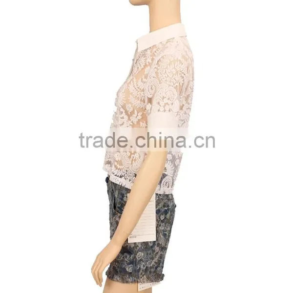 2015 Short Sleeve Ladies Tops Women White Lace Blouse photo-3