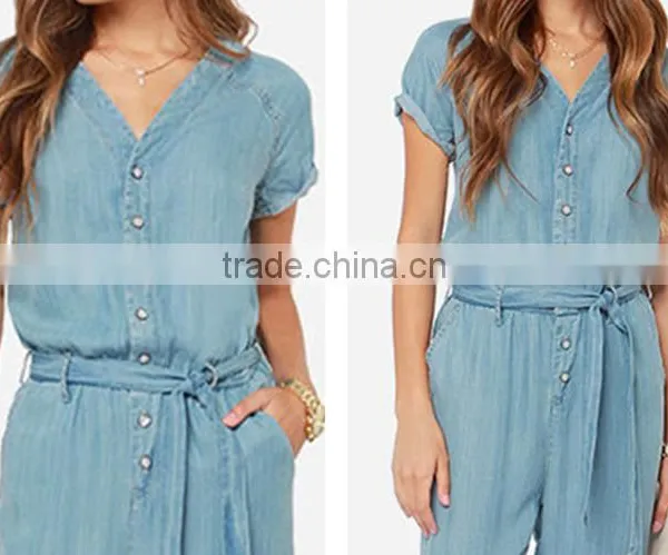Women Sky Blue Belted Short Sleeve Slim Fit Jumpsuit Romper photo-6