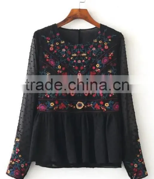 Runwaylover EY2364B Ladies Fashion 2017 Full Embroidery Chiffon Transparent Blouse photo-5