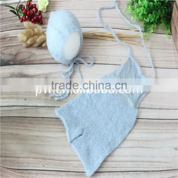 Newborn Mohair Romper Baby Boy Girl Hat and Pant Crochet Bonnet Hooded Romper Photography Props Knitted Overall Outfit Onesie photo-2