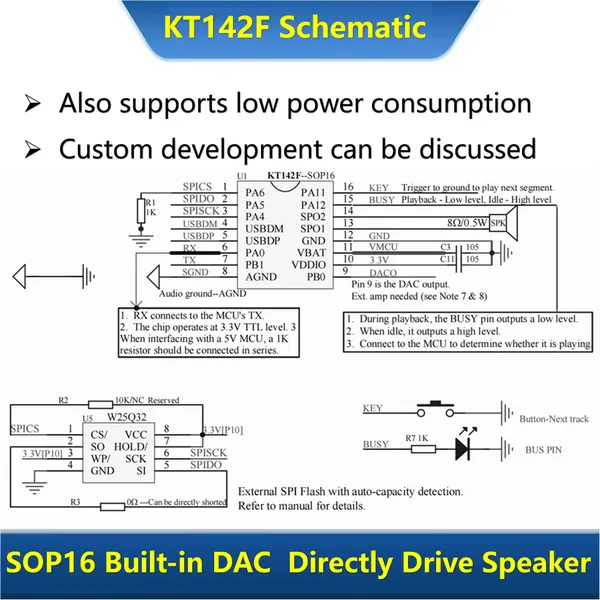 KT142F Voice Chip Sound Prompt IC Supports External SPI Flash Virtual as U-Disk Capacities Auto Adapts Serial Por Audio Combination Playback Insertion photo-4
