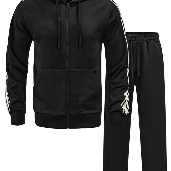 Solid-color Striped Hooded Sweatshirt and Straight-leg Sweatpants Set