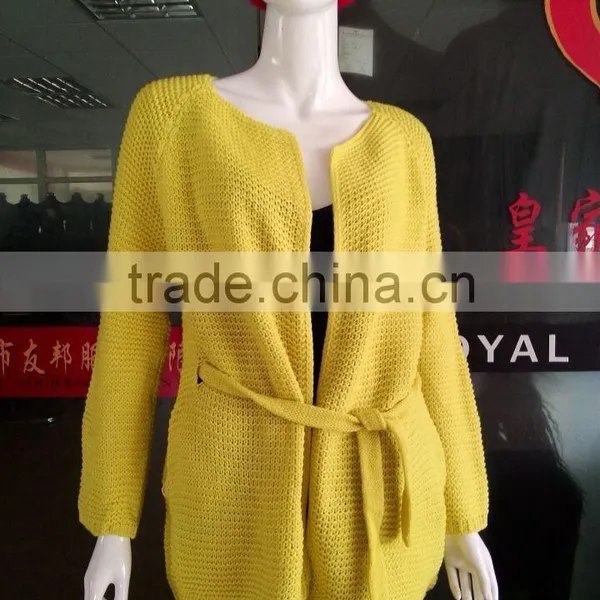 Women's Yellow Color Round Neck Cardigan Sweater Coat