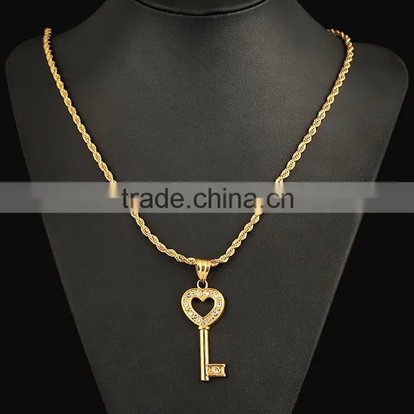 2016 Fashion Simple Lover Copper Key Pendant 18k Gold Crystal Jewelry photo-3