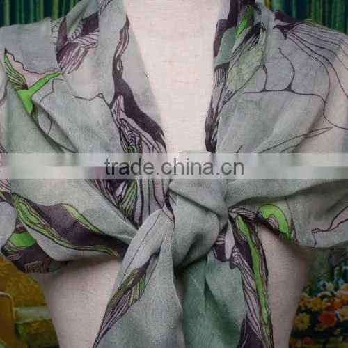 Green Begonia Flower Ink Style Long Cotton Neck Scarf Shawl photo-3