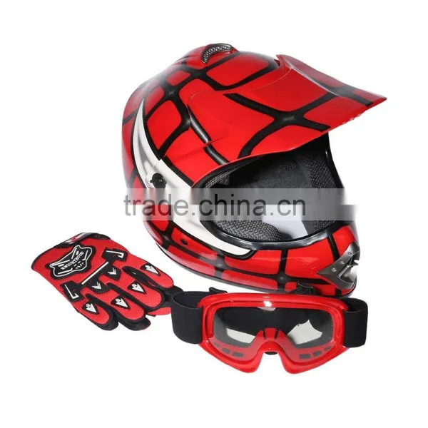 Youth Red Spider Net Dirt Bike Motocross Quads ATV Helmet Goggles+Gloves S M L photo-2