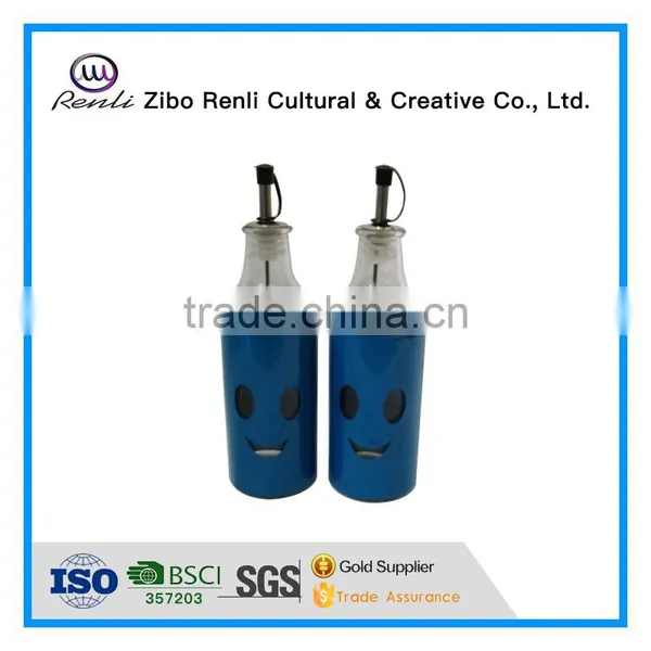 2Pieces Smile Face Metal Coat Glass Oil Vinegar Bottles With Metal Dispenser photo-3