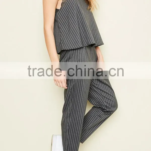 WOMEN JUMPSUIT FASHION NEW DESIGN PINSTRIPE WOVEN JUMPSUIT WITH LAYERED CAMISOLE TOP photo-3