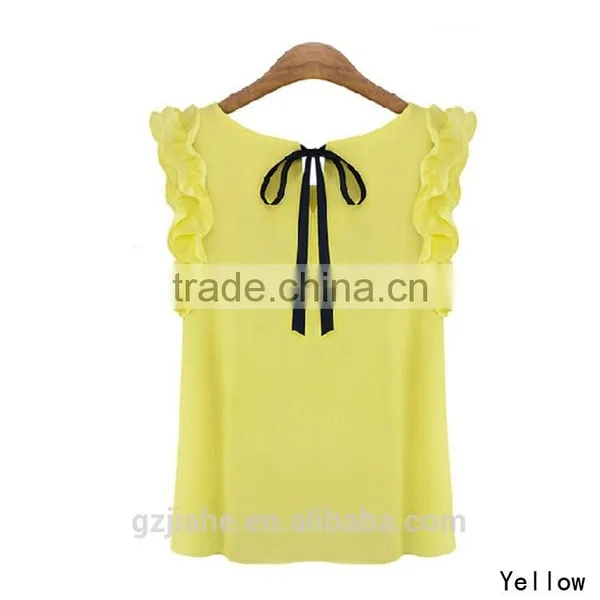 Plus Size Ladies Blouses 2015 New Summer Women Blouse O-Neck Lotus Leaf Casual Shirt Women Clothing Lacing Bow Chiffon Blouse photo-2