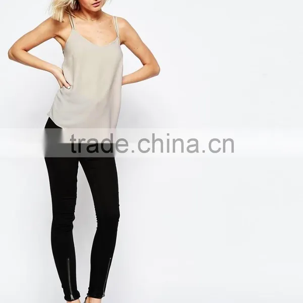 New Fashion Womens Fitness V-neck Backless Woven Cami Tops With Double Straps photo-4