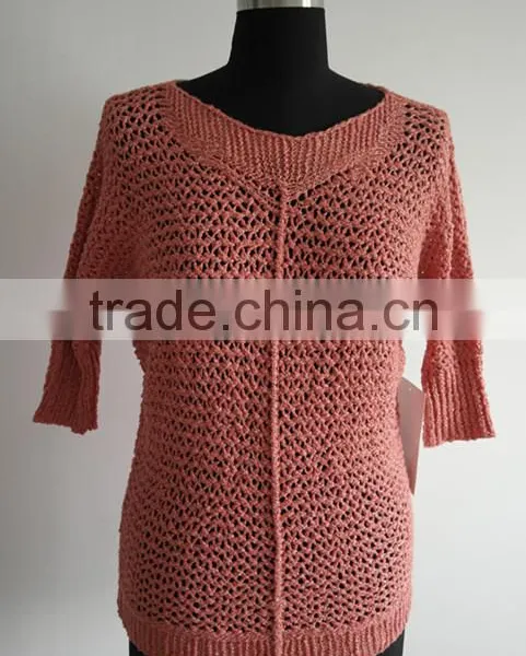 Ladies Short Sleeve Cotton&lurex Knittted Pullover Sweater