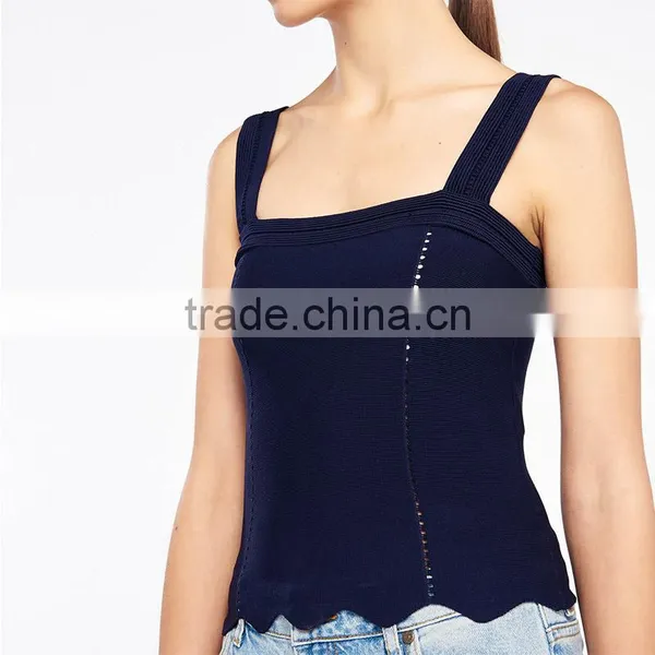 Stitched Knit Geometric Motifs Wavy Hem Wide Straps Design Tank Tops photo-4